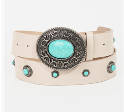 Ivory & Turquoise Stones Belt w/Antique Silver and Turquoise Concho Buckle