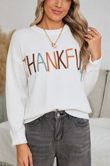 Thankful White Embroidered Colorful Print Sweater