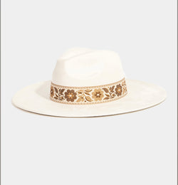 Atta Girl Ivory Fedora Hat w/Floral Band and Adjustable Fit