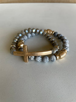 Gray Natural Stone & Gold Beads w/Cross Set of 2 Stretch Bracelets