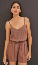 Brown Sugar Front Tie Short Tank Romper w/Adjustable Straps & Pockets