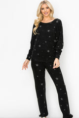 Star Print Super Soft Black Loungewear Straight Leg Pants w/Elastic Tie Waist