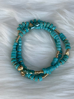 Turquoise & Gold Round Beads Set of 3 Stretch Bracelets