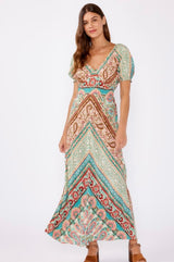 Boho Style Jade & Neutral V-Neck Maxi Dress by Lovestitch