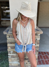 Multi Stripe Button Down Racerback Front Tie Tank