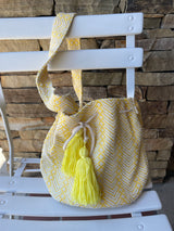 Yellow & Natural Chevron Design Bucket Bag w/Cinch Tassel Drawstring