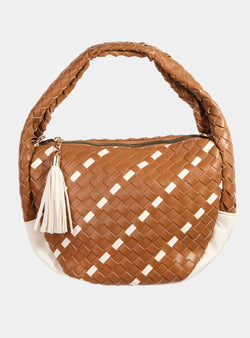 Camel & Cream Weaved Purse w/Crossbody Strap & Tassel