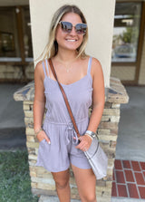 Earth Gray Front Tie Short Jumper w/Adjustable Straps & Pockets