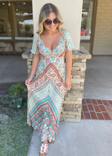 Boho Style Jade & Neutral V-Neck Maxi Dress by Lovestitch