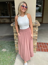 Clay Textured Midi Skirt w/Smocked Waistband & Round Hem