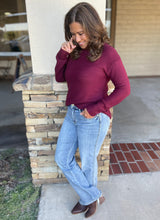 Merlot Boyfriend Fit Waffle Texture Sweater Top w/Ribbed Cuff