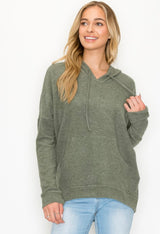 Olive Green Brushed Long Sleeve Hoodie Kangaroo Pocket Loungewear Sweater