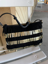 Black & Gold Fringe Crossbody Purse w/Zipper Pockets