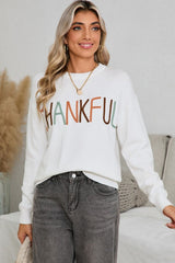 Thankful White Embroidered Colorful Print Sweater