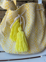 Yellow & Natural Chevron Design Bucket Bag w/Cinch Tassel Drawstring