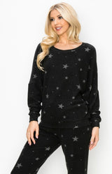 Star Print Super Soft Black Long Sleeve Loungewear Sweater Top