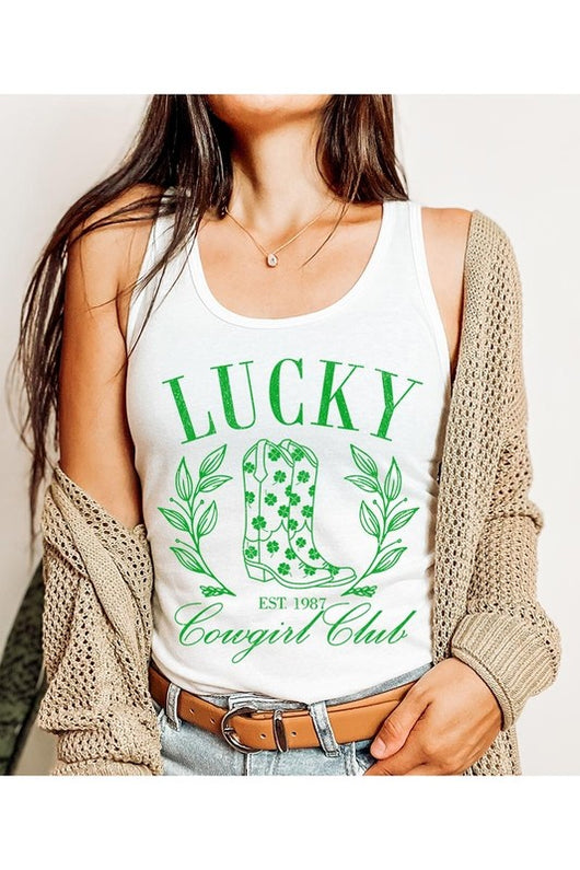 Lucky Cowgirl Club White Racerback Graphic Tank w/Boots