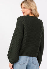 Hunter Green Cable Knit Crew Neck Pullover Sweater