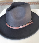 Black Short Flat Brim Fedora Hat w/Brown Strap & Adjustable Sizing