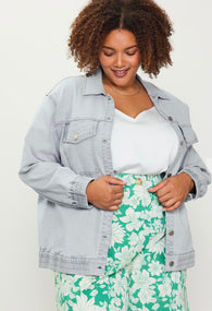 Chambray Light Denim Wash Plus Size Button Up Jacket w/Elastic Hem & Cuff