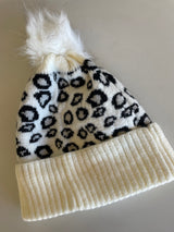 Ivory Leopard Print Fur Pom Pom Beanie