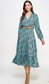 Teal Paisley Print Long Sleeve Tiered Midi Dress w/Brown Belt