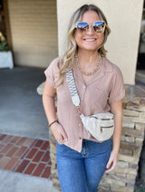 Taupe Relaxed Button Down Short Sleeve Top w/Front Pocket