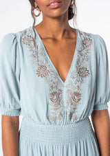 Austin Seafoam V-Neck Dress w/Taupe Embroidery Detail, Smocked Waist and Tie Back by Lovestitch