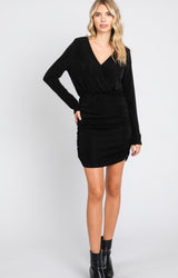 Black Long Sleeve Wrap V-Neck Fitted Dress