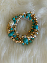 Turquoise, Gold & Pearl Set of 5 Stretch Beaded Bracelets