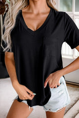 Jet Black V-Neck Front Pocket Round Hem Short Sleeve Top