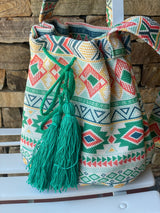 Aztec Green & Coral Bucket Bag w/Cinch Tassel Drawstring