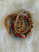 Turquoise, Red & Gold Set of 5 Stretch Beaded Bracelets