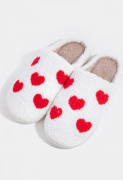 White w/Red Heart Slippers w/Soles - Size Large 9/10