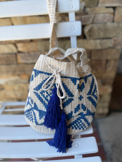 Blue & Natural Bucket Bag w/Cinch Tassel Drawstring