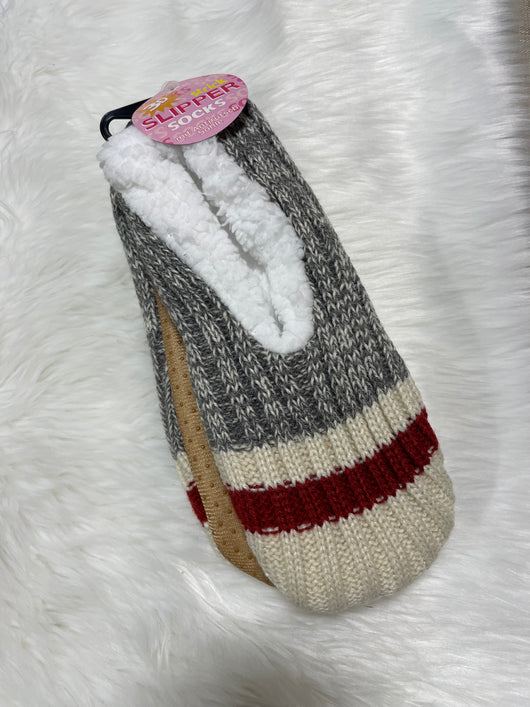 Gray, Cream & Red Cozy OS Slipper Socks w/Grips