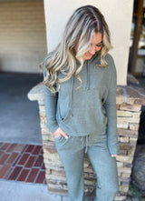 Olive Green Brushed Long Sleeve Hoodie Kangaroo Pocket Loungewear Sweater