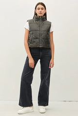 Charcoal Faux Leather Puffer Vest w/Zipper & Pockets