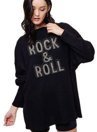 Rock & Roll Vintage Black Oversized Graphic Thermal Pullover Sweater