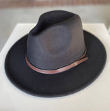 Black Short Flat Brim Fedora Hat w/Brown Strap & Adjustable Sizing