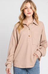 Beige Knit Long Sleeve Half Button Down Collar  Top w/Front Pocket