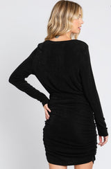 Black Long Sleeve Wrap V-Neck Fitted Dress