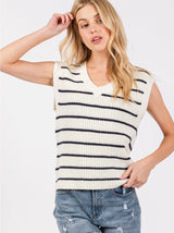 Cream & Navy Stripe Knit Sweater Vest