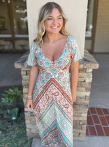 Boho Style Jade & Neutral V-Neck Maxi Dress by Lovestitch