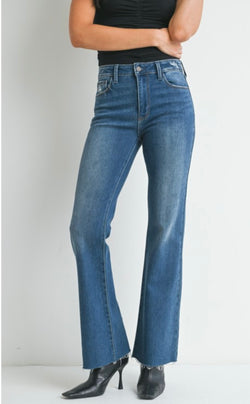 Dark Denim Flare Jeans w/Raw Hem & Stretch by Just Black Denim Made in USA