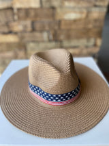 Tan Straw Sun Hat w/Stars & Stripes Band and Adjustable Fit