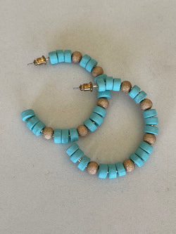 Turquoise & Gold Wood Open Hoop Earrings