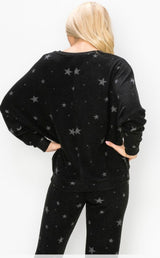 Star Print Super Soft Black Long Sleeve Loungewear Sweater Top