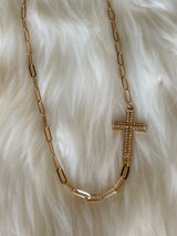 Stunning Gold & Rhinestone Chain Link Sideways Cross Necklace