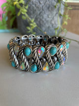 Antique Silver, Turquoise & Aurora Borealis Stones Stretch Bracelet